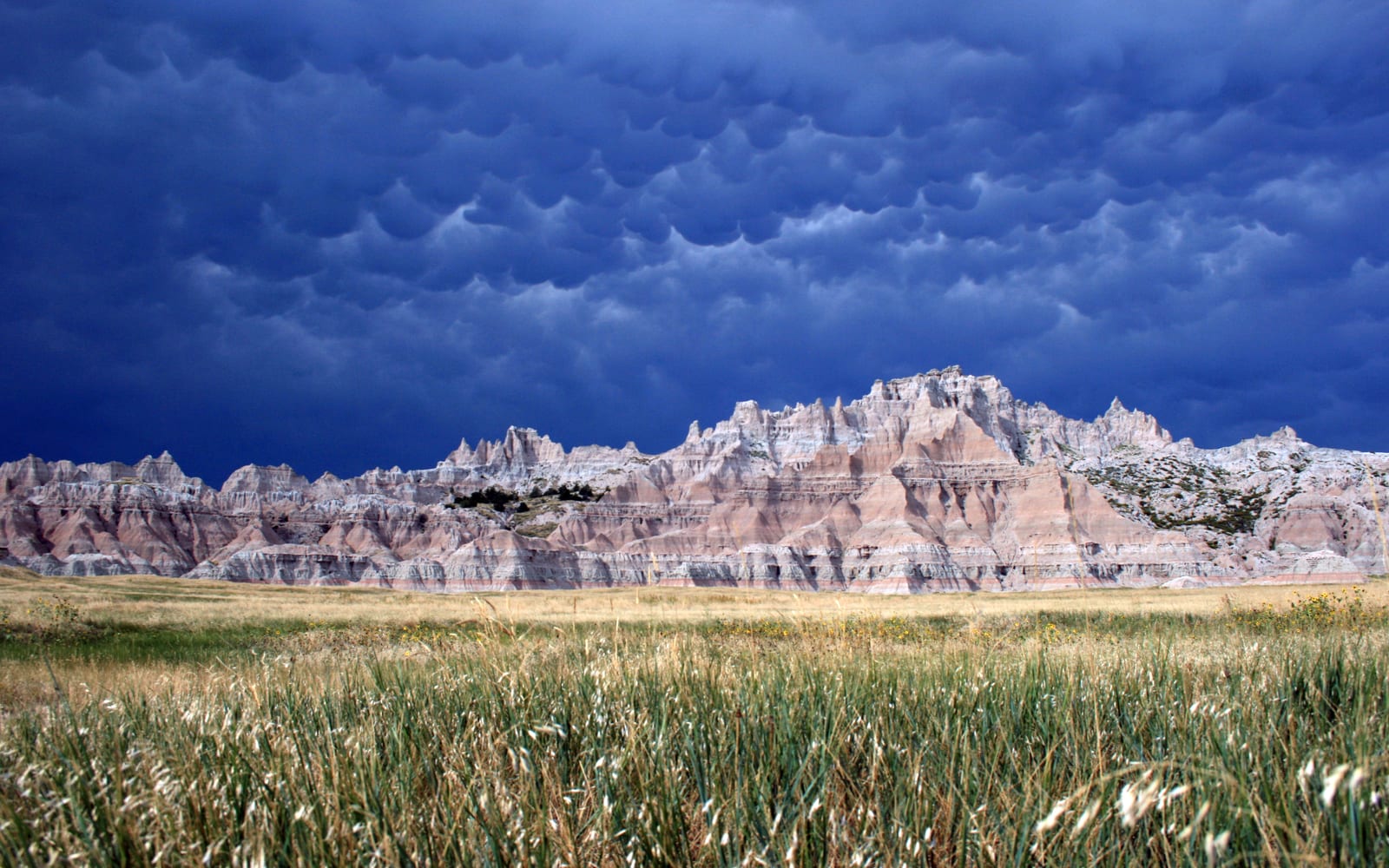 Layered badlands formations behind fields of green grass under cloudy and billowing clouds.