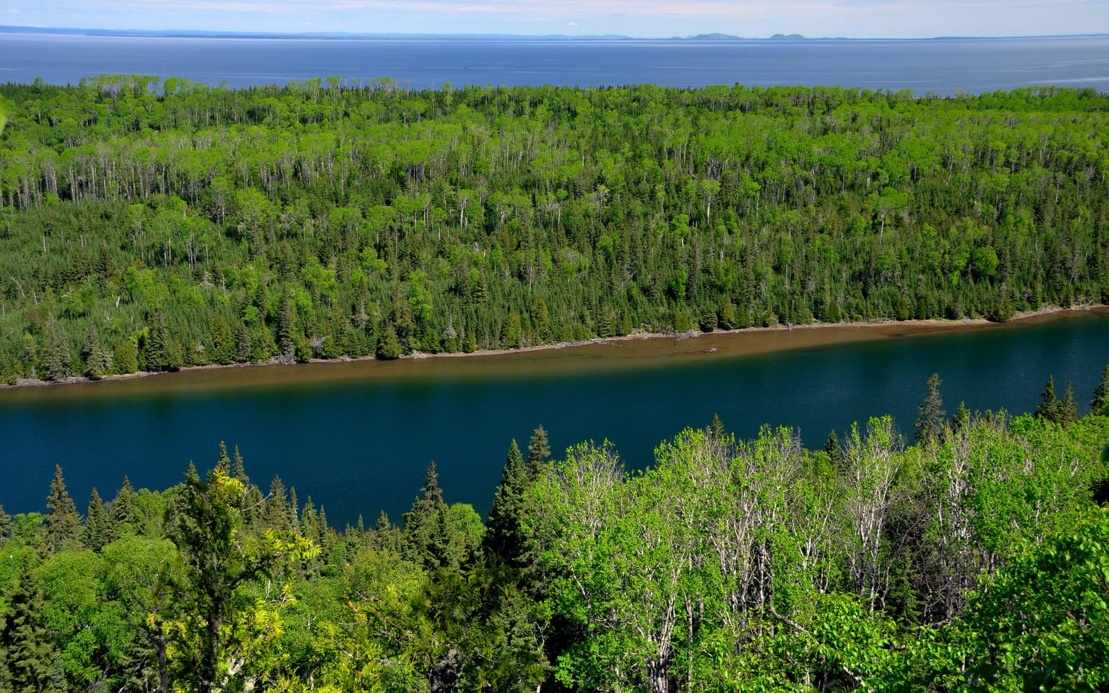 View from above the trees looking down at Duncan Bay Narrows, trees, Lake Superior, and Canada.